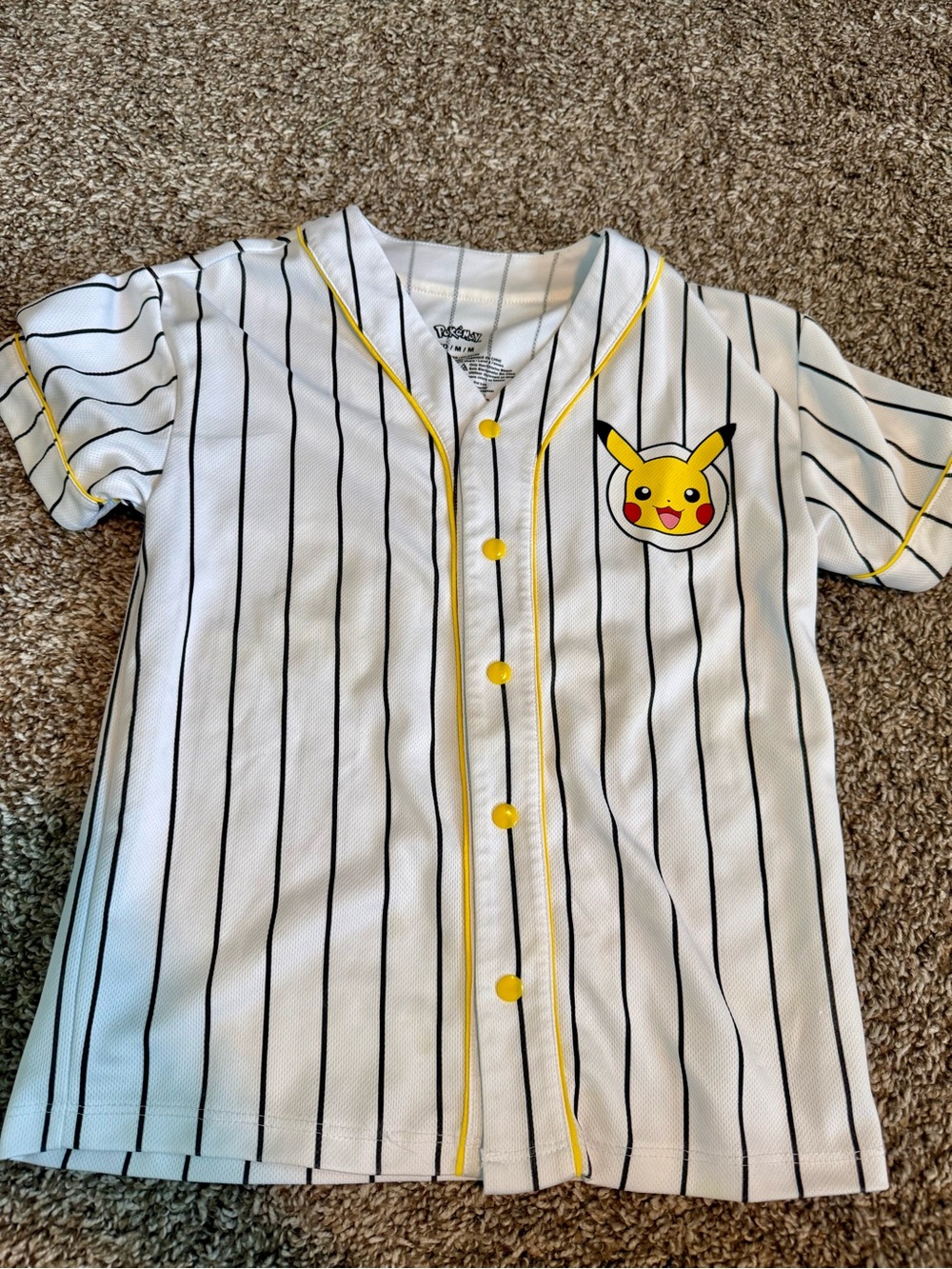 Pokemon White Pinstripe Baseball Jersey with Yellow Accents